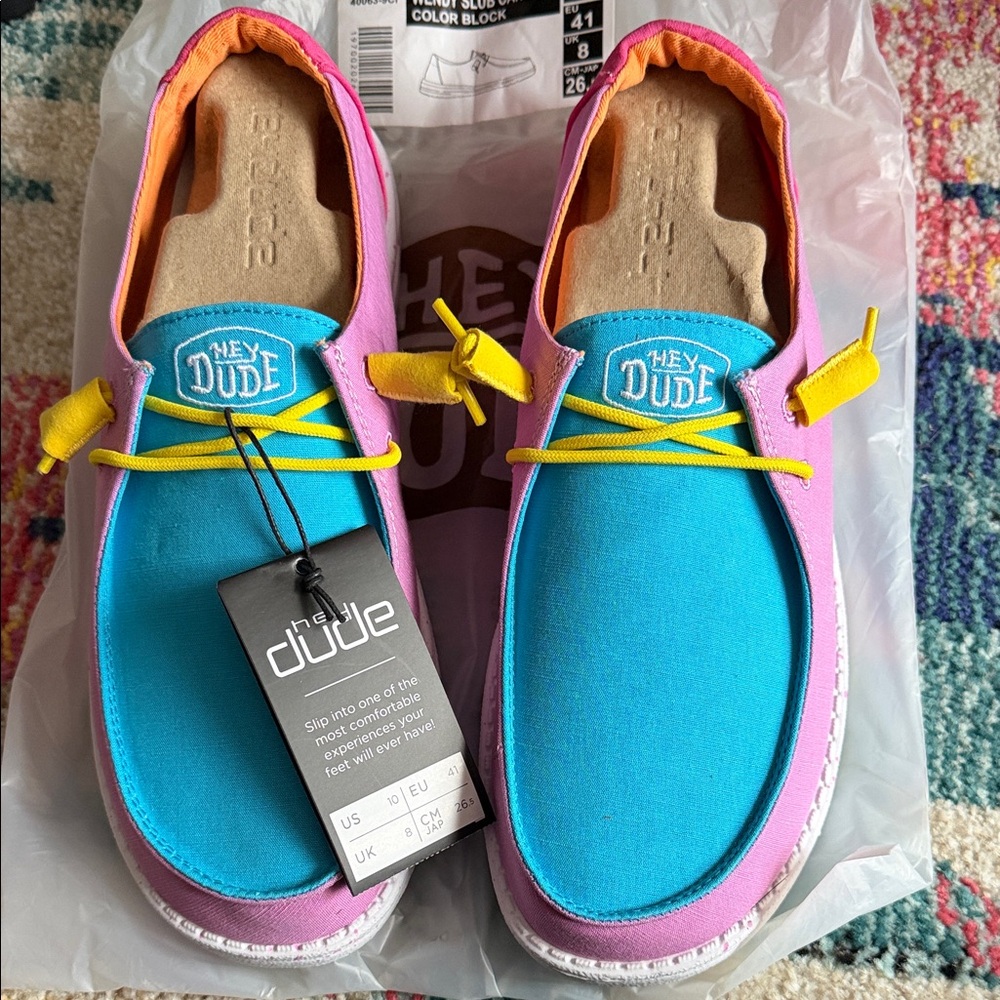 Hey Dude Colorblock Canvas Slip-On Shoes in Turquoise, Pink & Yellow